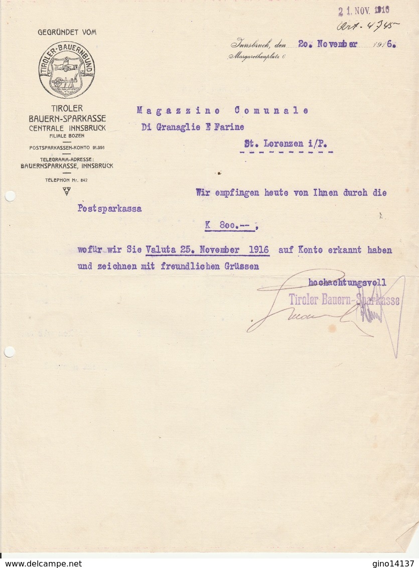 LETTERA Su Carta Intestata Tedesca TIROLER BAUERN SPARKASSE Innsbruk Anno 1916 - Altri & Non Classificati