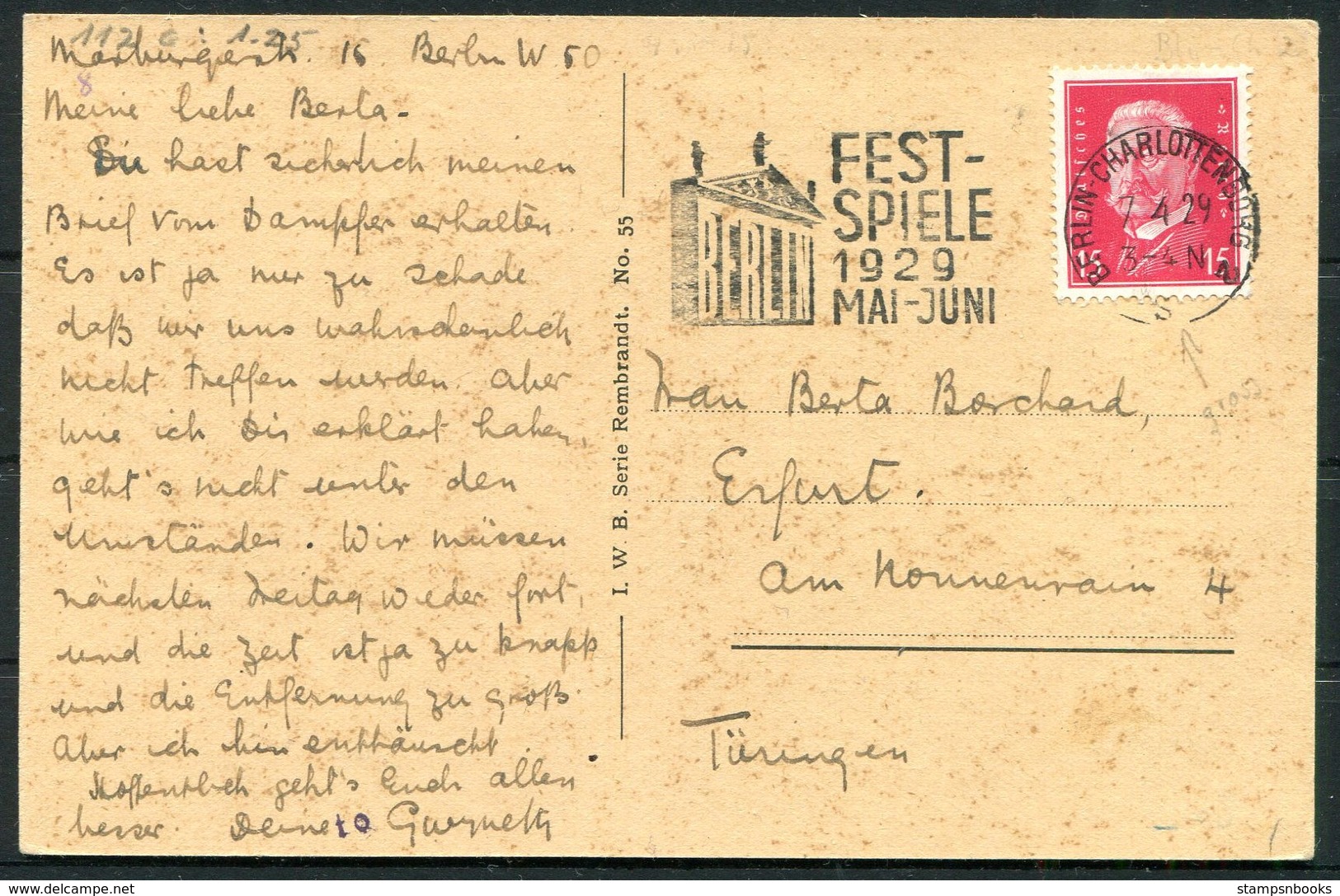 1929 Germany Berlin National Gallery Postcard - Erfurt. Charlottenburg Fest-Spoele Mai-Juni Machine Slogan - Covers & Documents