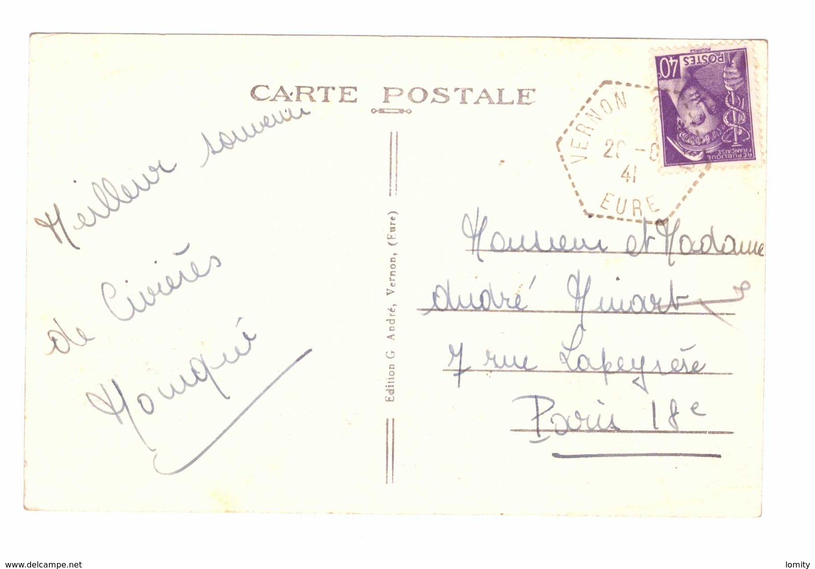 Cachet Manuel Hexagonal Tireté Vernon 1941 Eure Sur Cpa Ecos Chateau Du Chesnay Vu Du Porager - Bolli Manuali