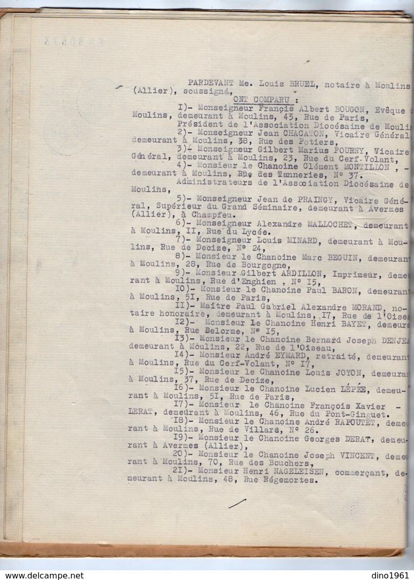 VP14.580 - MOULINS - Acte de 1960 - Vente de la Maison de Sainte Madeleine à l'Association Diocésaine de MOULINS