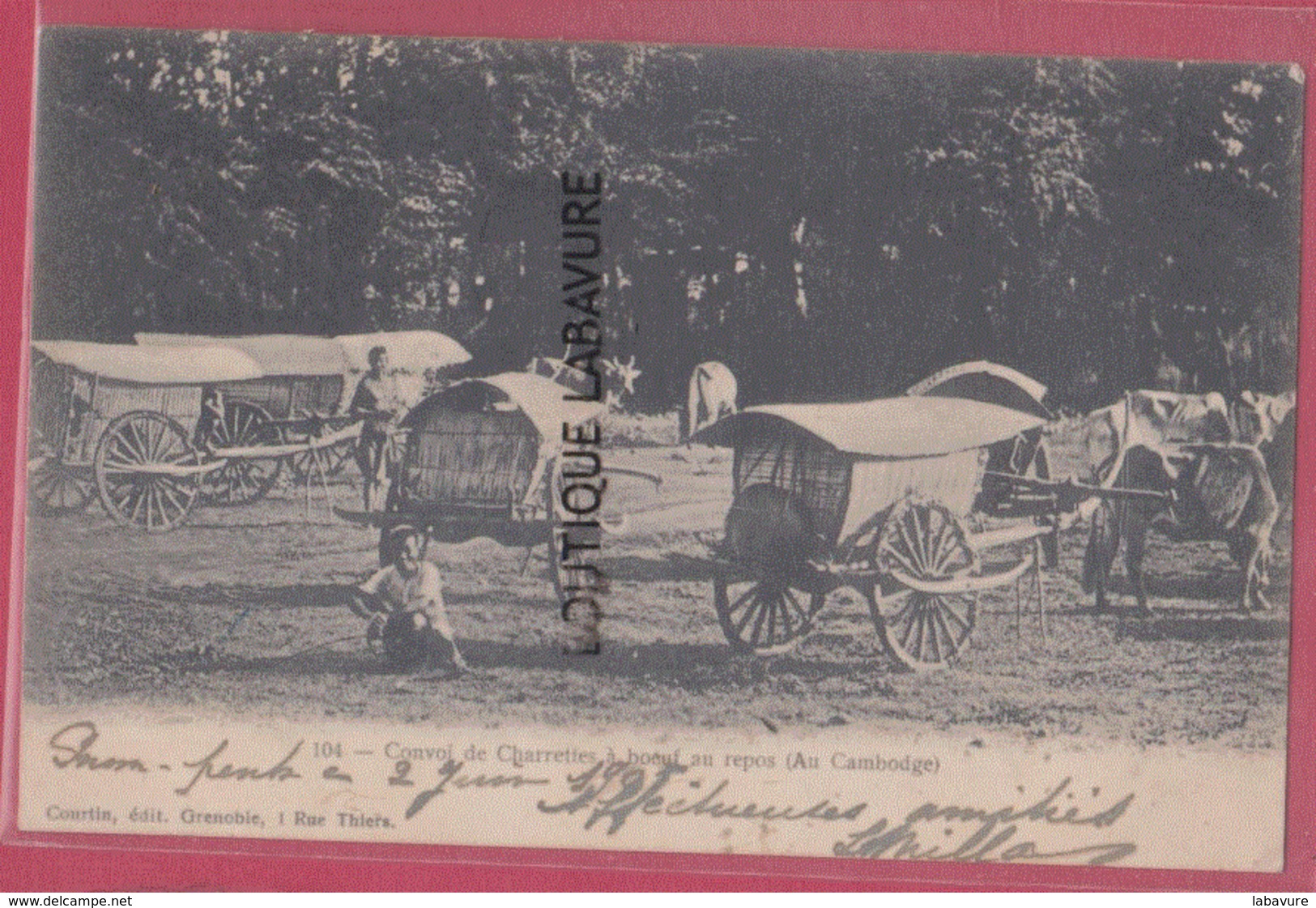 ASIE--INDOCHINE---CAMBODGE--Convoi De Charrettes A Boeuf Au Repos---animé - Cambodge