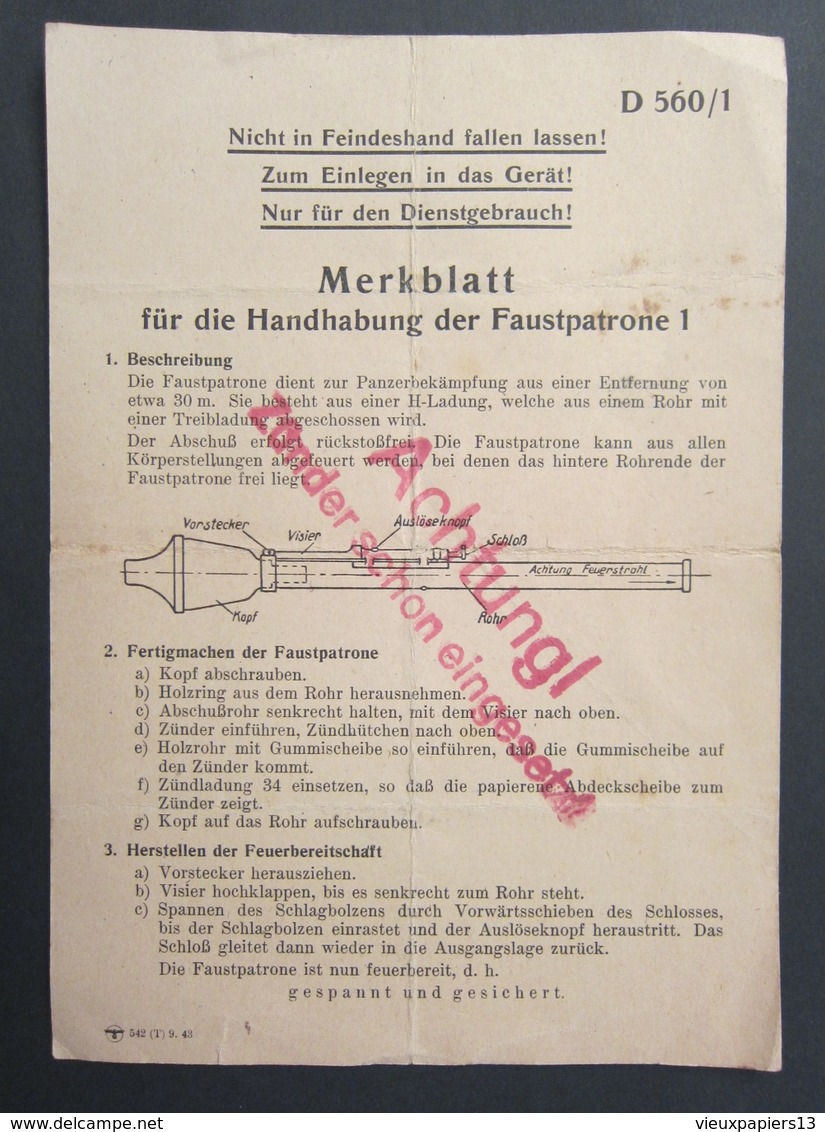 Rare Document De 1943 Sur Arme Allemande Faustpatrone 1 Oberkommando Des Heeres - Nicht In Feindeshand... Anti Tank Char - 1939-45