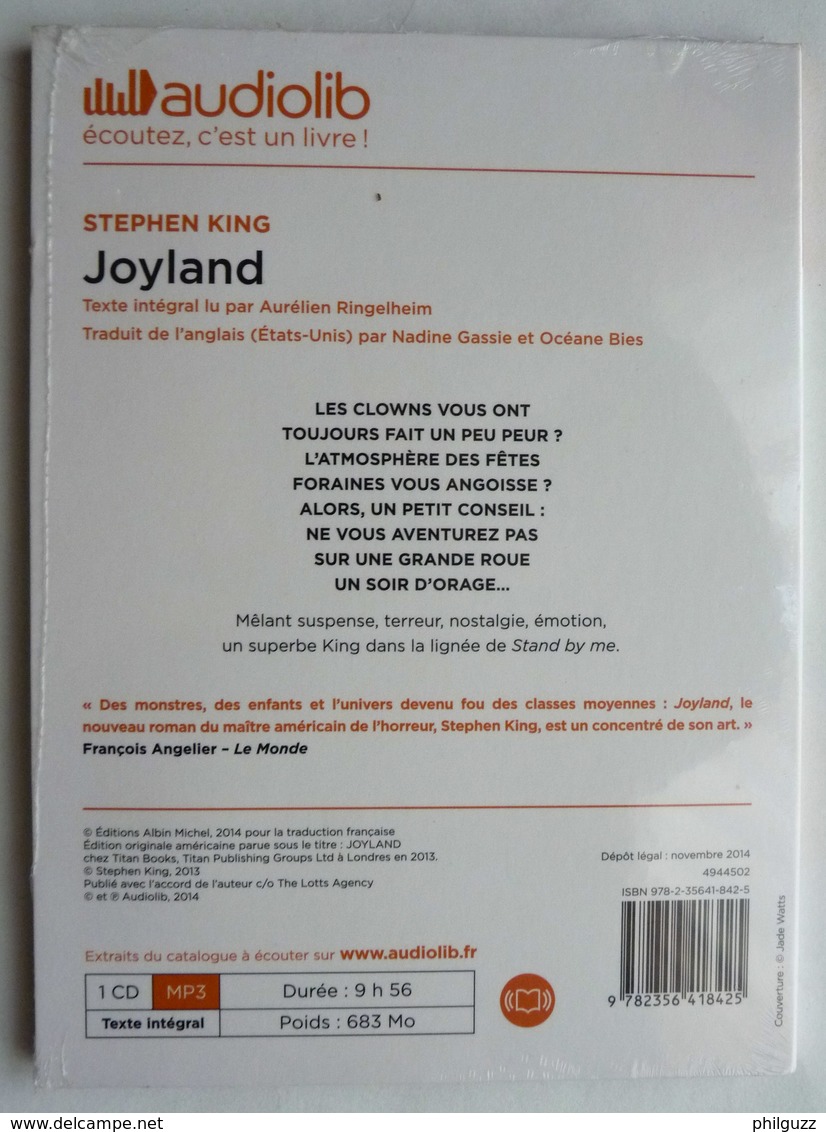 LIVRE AUDIO 1 CD AUDIOLIB   JOYLAND - Stephen KING Neuf Sous Film - Autres & Non Classés