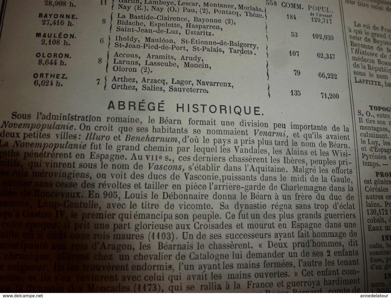 1880:BASSES PYRENEES (Pau,Bayonne,Mauléon,Oloron,Ortez,Ustaritz,etc) Carte Géo-Descriptive en taille douce par Migeon.