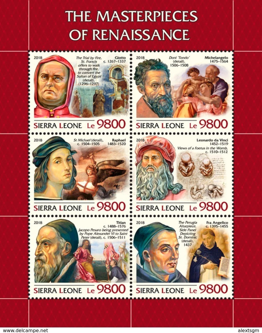 SIERRA LEONE 2018 - Giotto, Michelangelo, Raphael, Leonardo Da Vinci, Titian, Fra Angelico. Official Issue. - Other & Unclassified