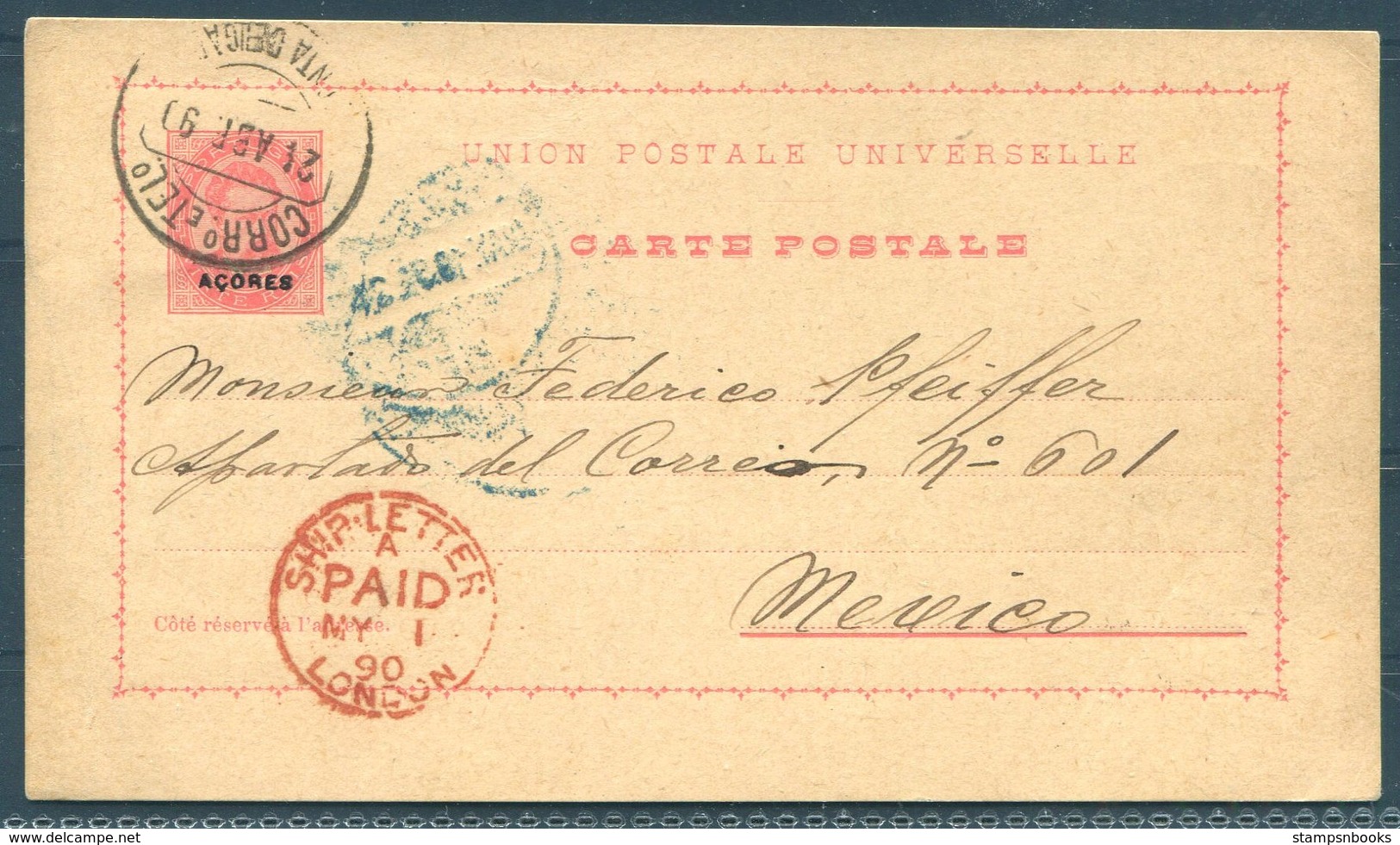 1890 Portugal Azores Stationery Postcard / Carte Postale - Mexico Via London Ship Letter - Azores