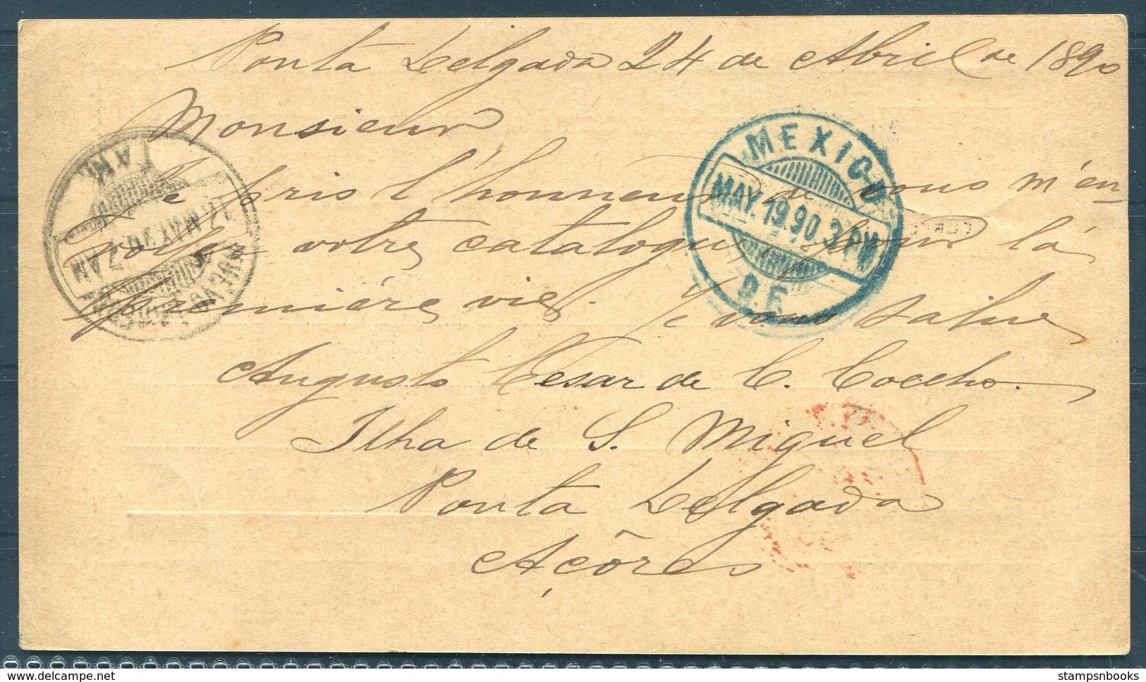 1890 Portugal Azores Stationery Postcard / Carte Postale - Mexico Via London Ship Letter - Azores