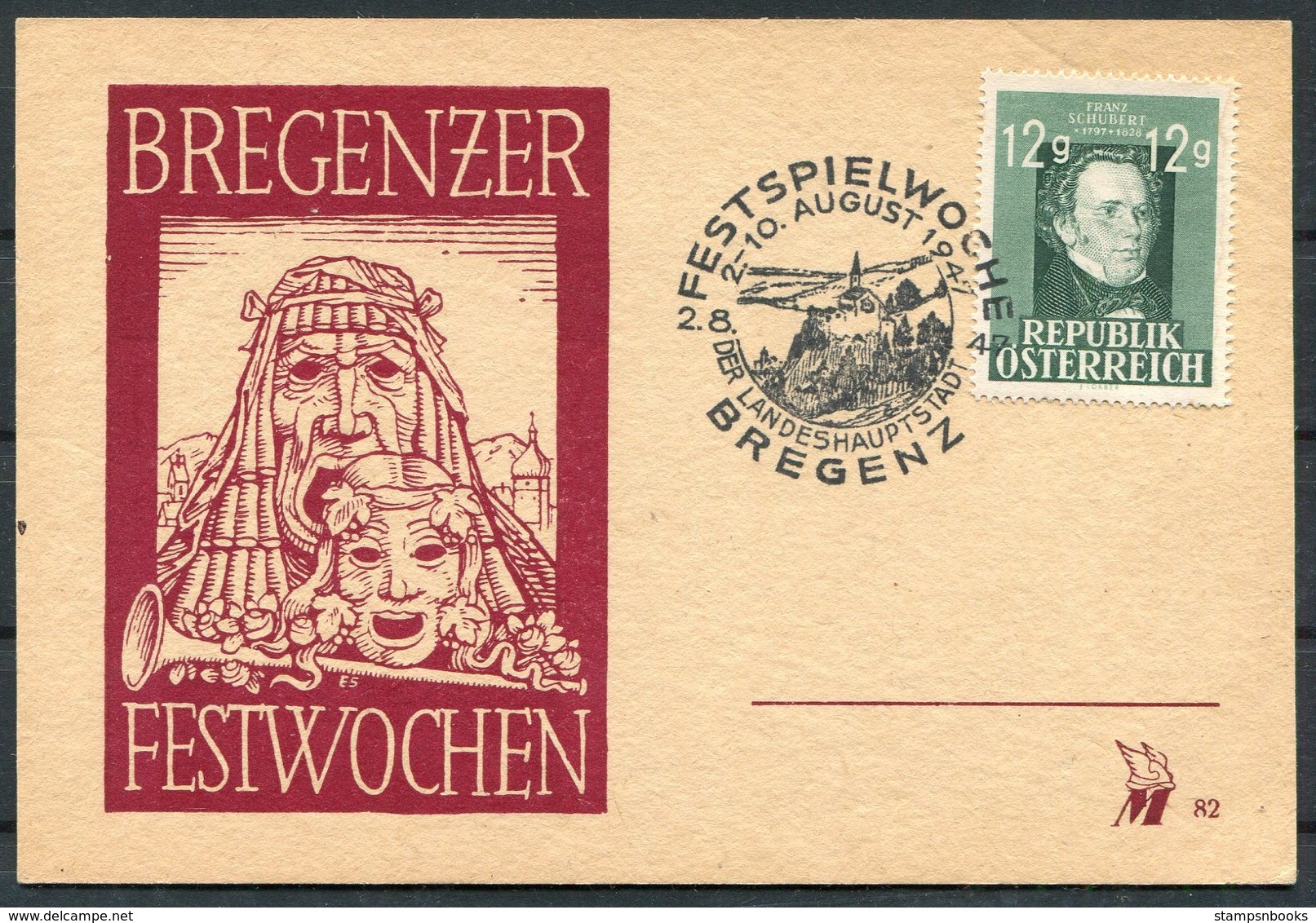 1947 AUSTRIA BREGENZ FESTSPIELWOCHE,12G Schubert, Bregenzer Music Festival Postcard - Covers & Documents