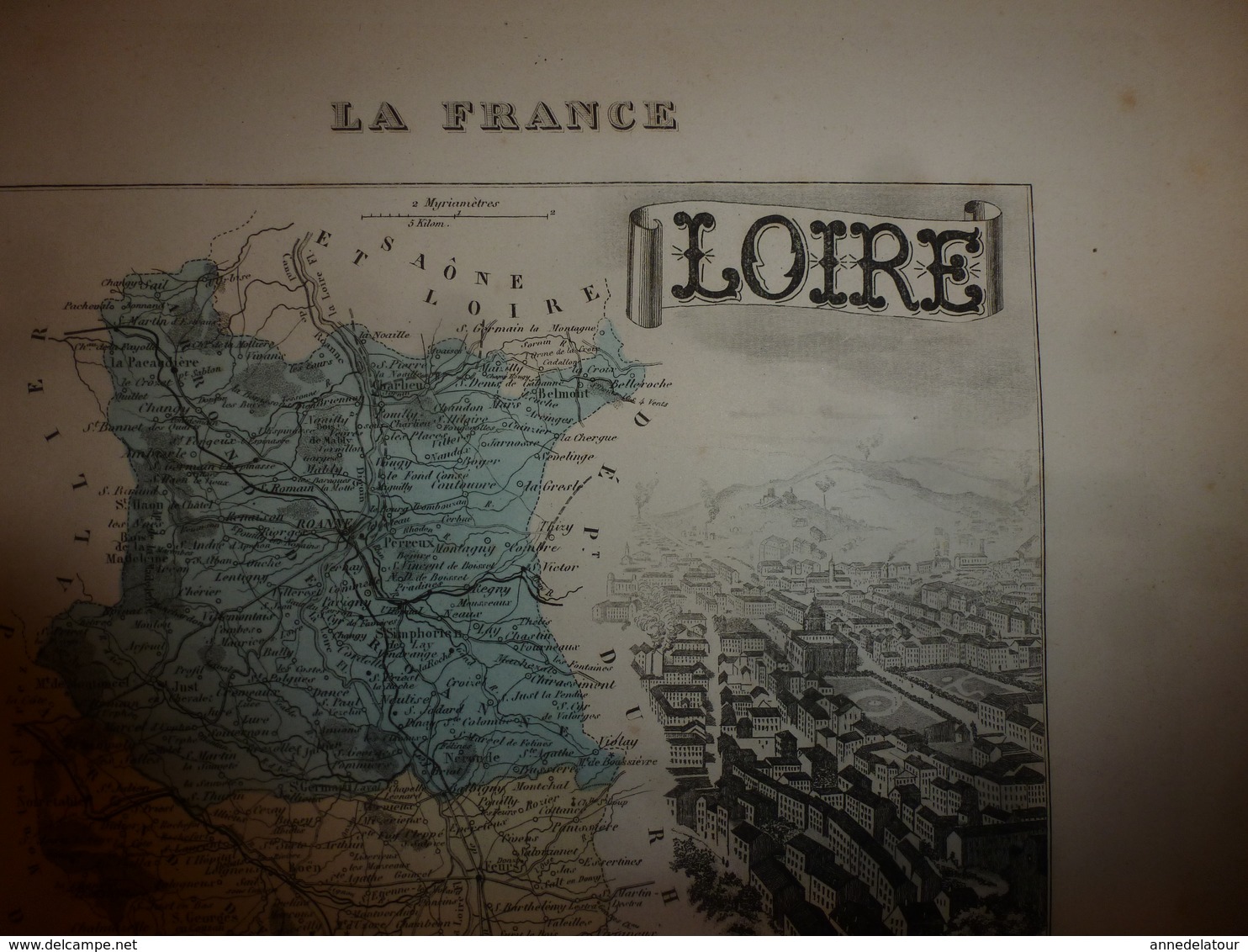 1880:LOIRE (St-Etienne, Montbrison,Roanne ,Boën,Feurs ,Perreux,etc) Carte Géo-Descriptive en taille douce par Migeon.