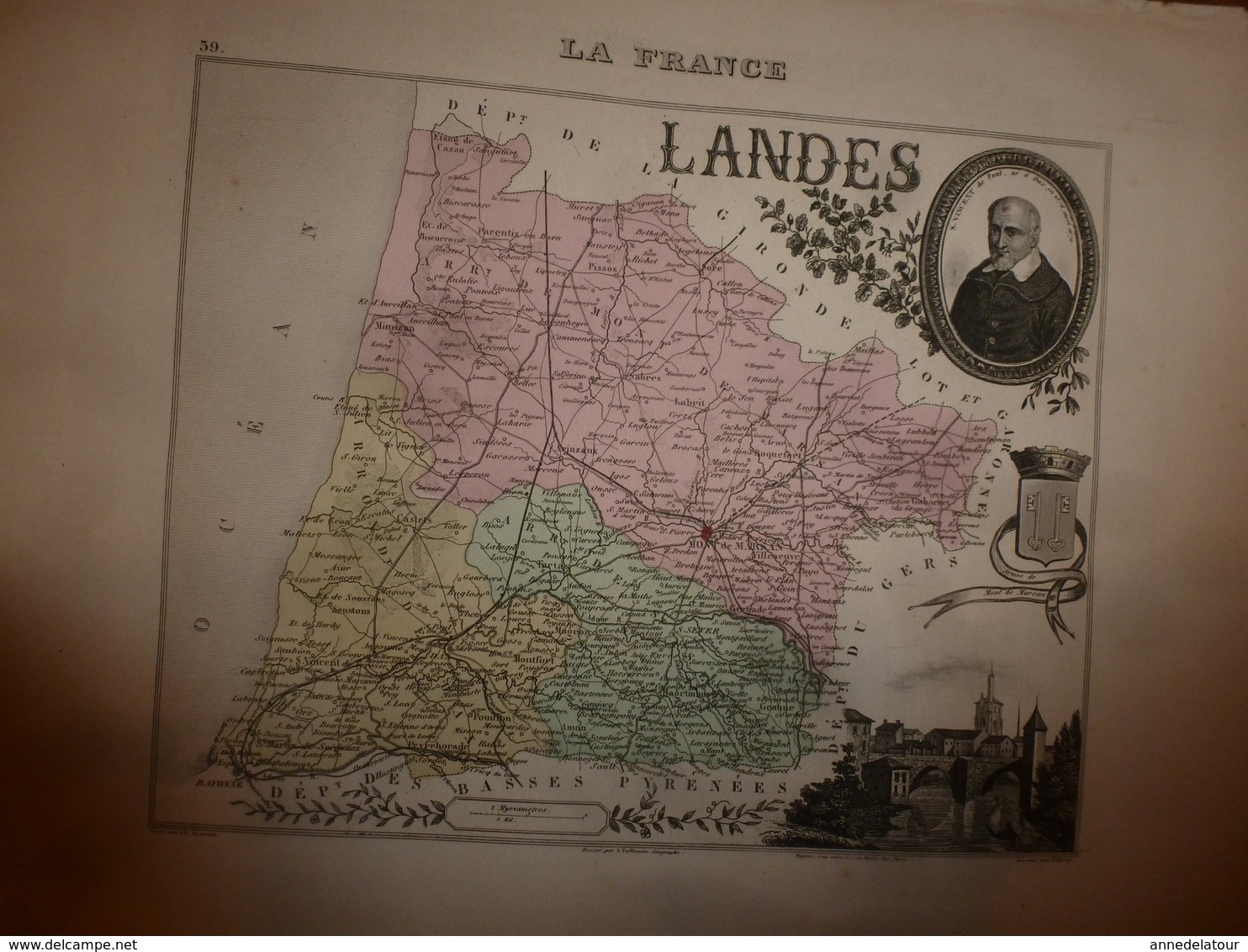 1880:LANDES (Mt-de-Marsan,Dax,St-Sever,Amou,Tartas,Labrit,Mimizan,etc) Carte Géo-Descriptive En Taille Douce Par Migeon. - Geographical Maps