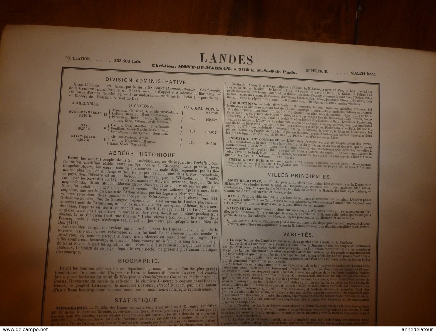 1880:LANDES (Mt-de-Marsan,Dax,St-Sever,Amou,Tartas,Labrit,Mimizan,etc) Carte Géo-Descriptive en taille douce par Migeon.