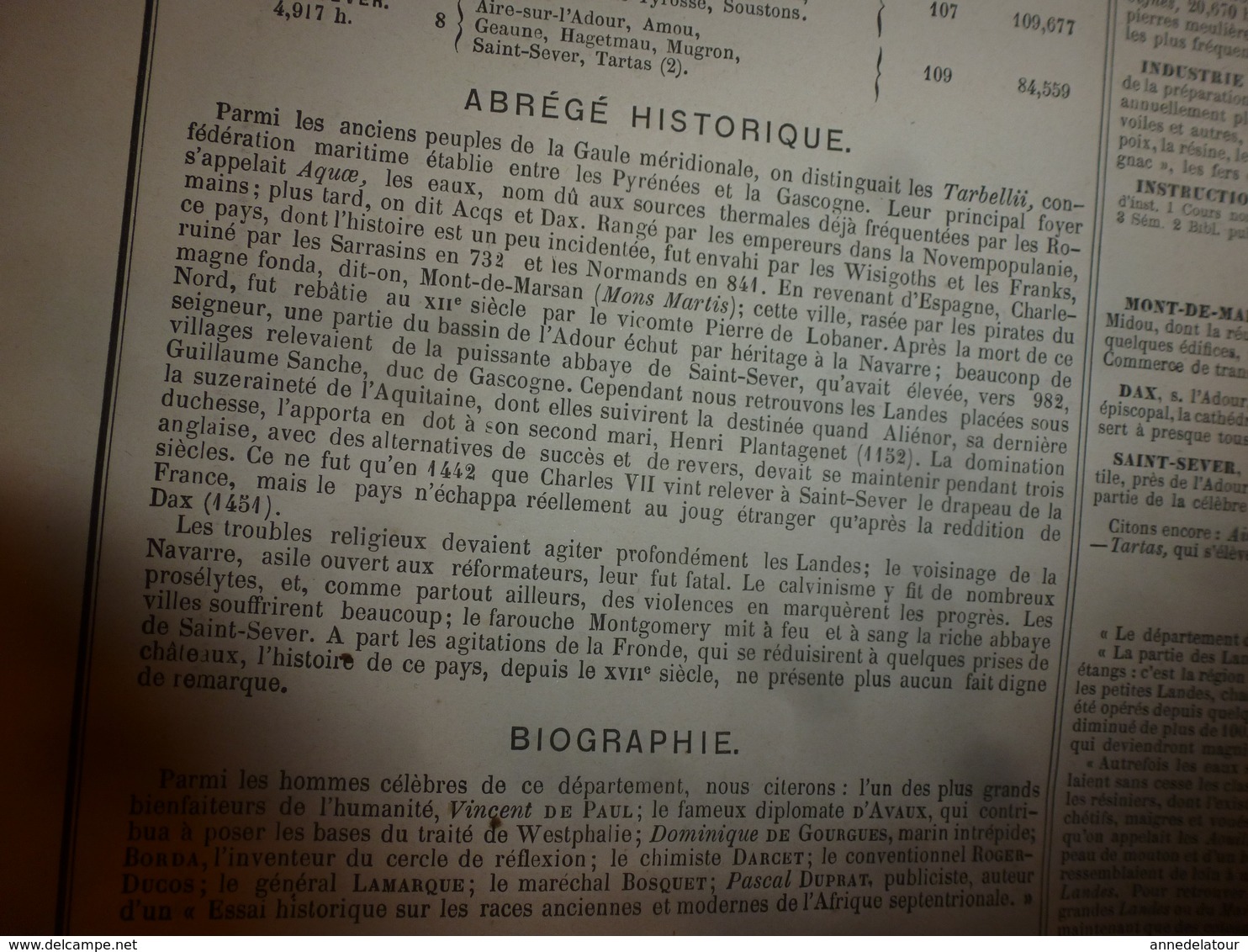 1880:LANDES (Mt-de-Marsan,Dax,St-Sever,Amou,Tartas,Labrit,Mimizan,etc) Carte Géo-Descriptive en taille douce par Migeon.