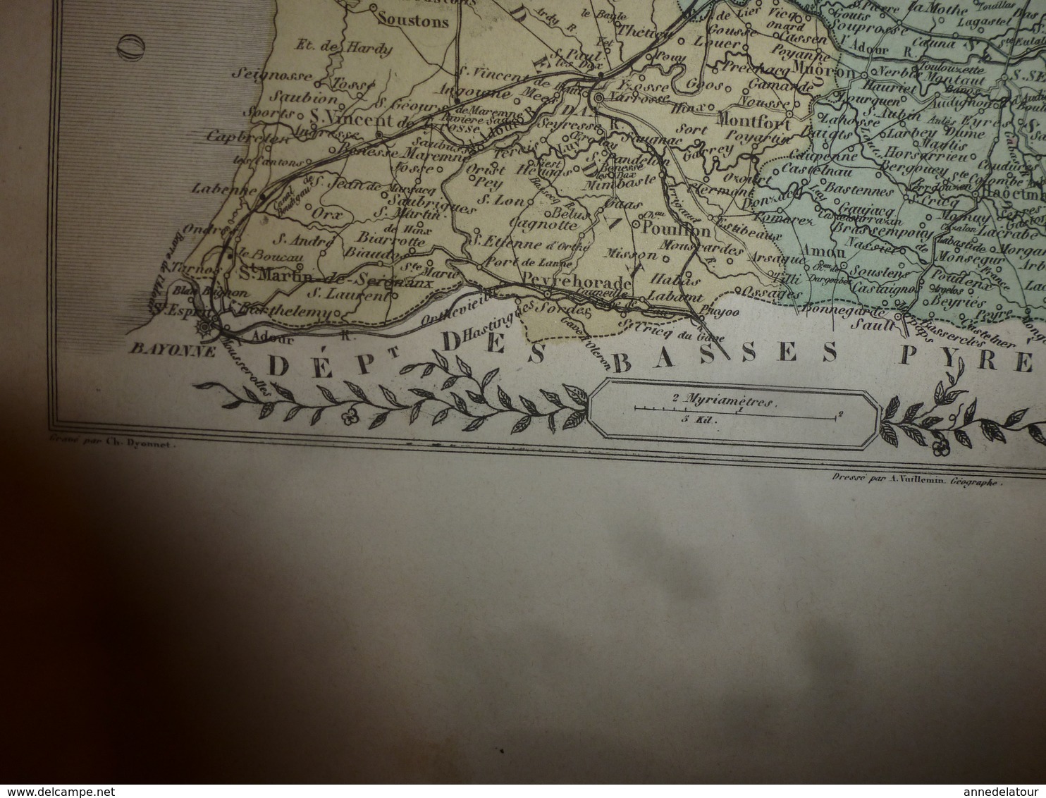 1880:LANDES (Mt-de-Marsan,Dax,St-Sever,Amou,Tartas,Labrit,Mimizan,etc) Carte Géo-Descriptive en taille douce par Migeon.