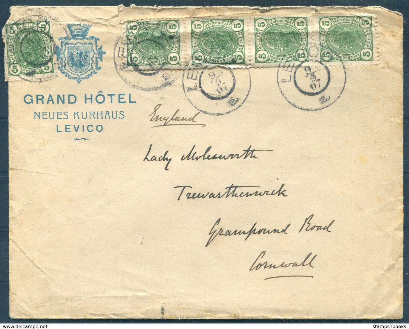 1907 Austria Grand Hotel, Levico Illustrated Cover- Lady Molesworth, Trewarthenick Cornwall. Grampound Road C.d.s. - Covers & Documents