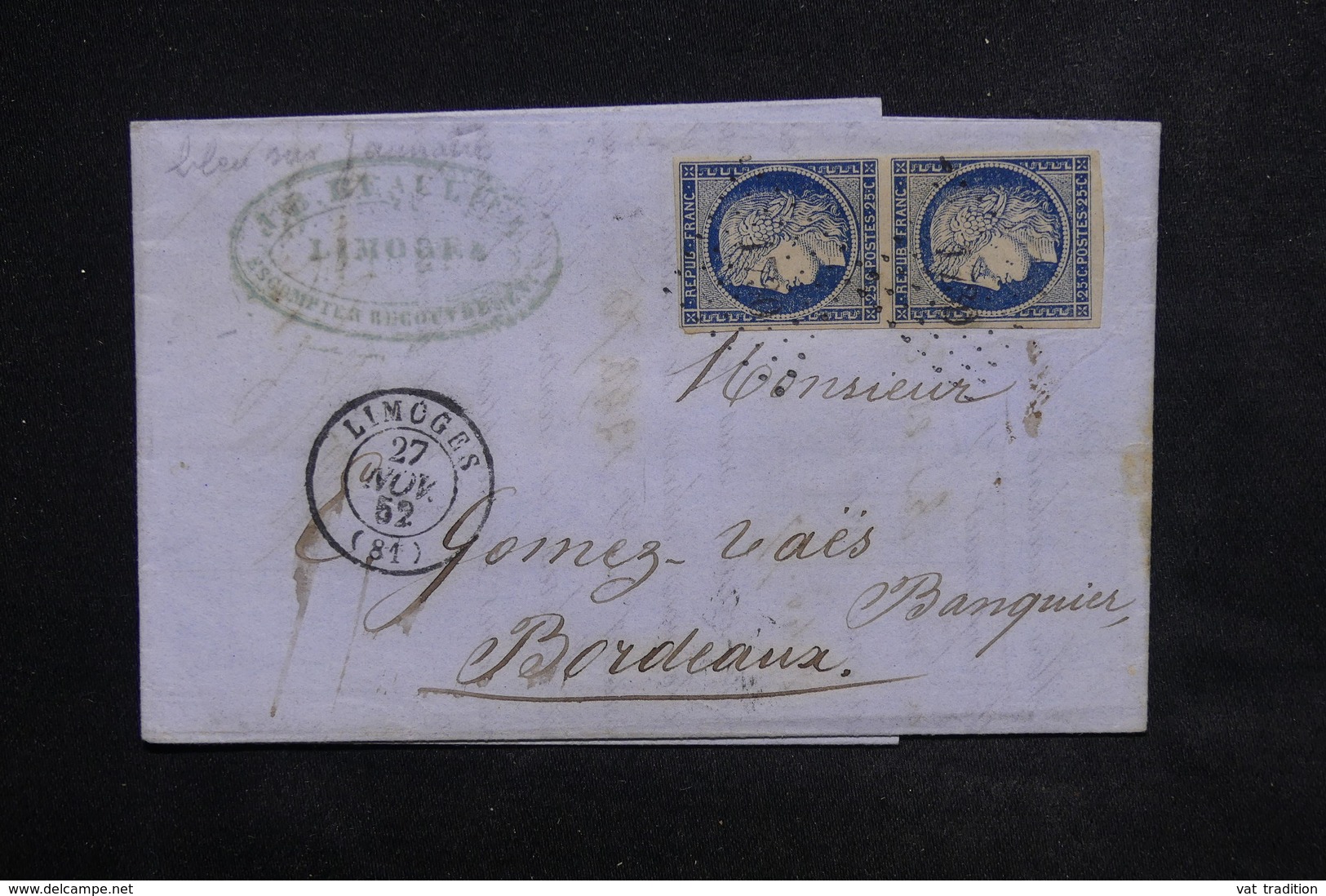 FRANCE - Lettre De Limoges Pour Bordeaux En 1852, Affranchissement Cérès En Paire - L 23079 - 1849-1876: Période Classique