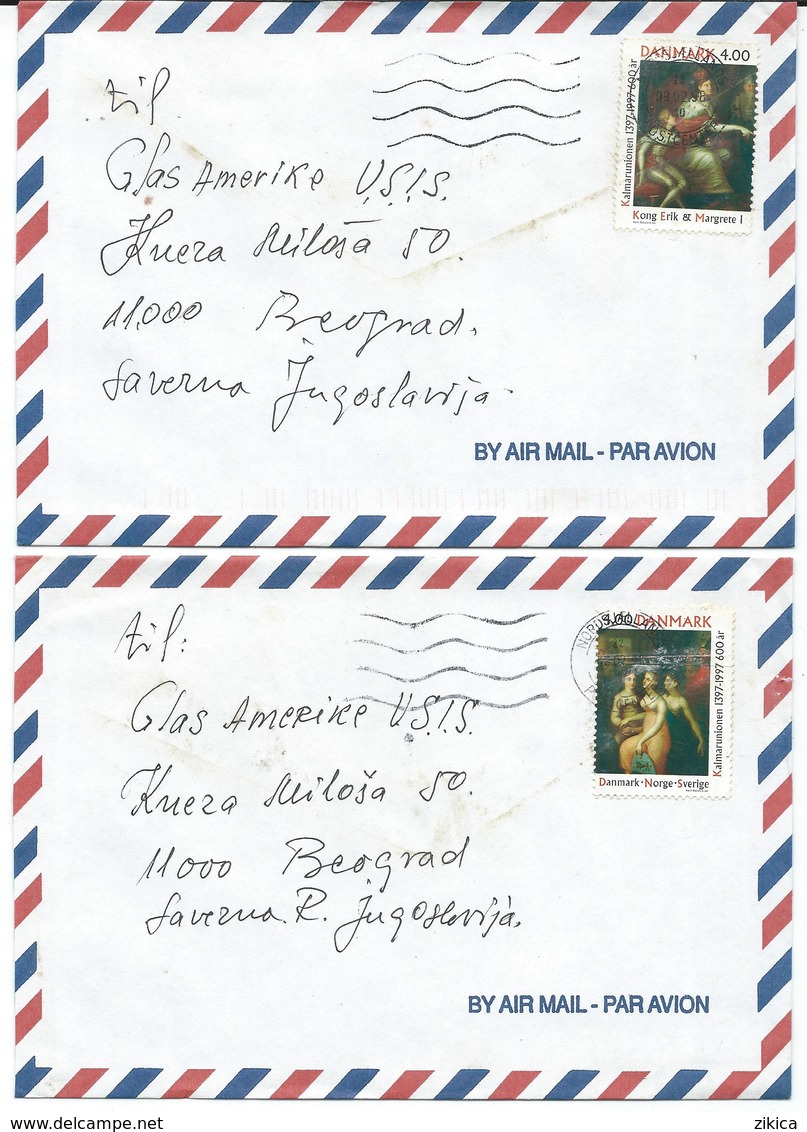 Denmark 2 PAR AVION Letters.via Yugoslavia.Motive Stamps : 1997 The 600th Anniversary Of The Kalmar Union. - Brieven En Documenten