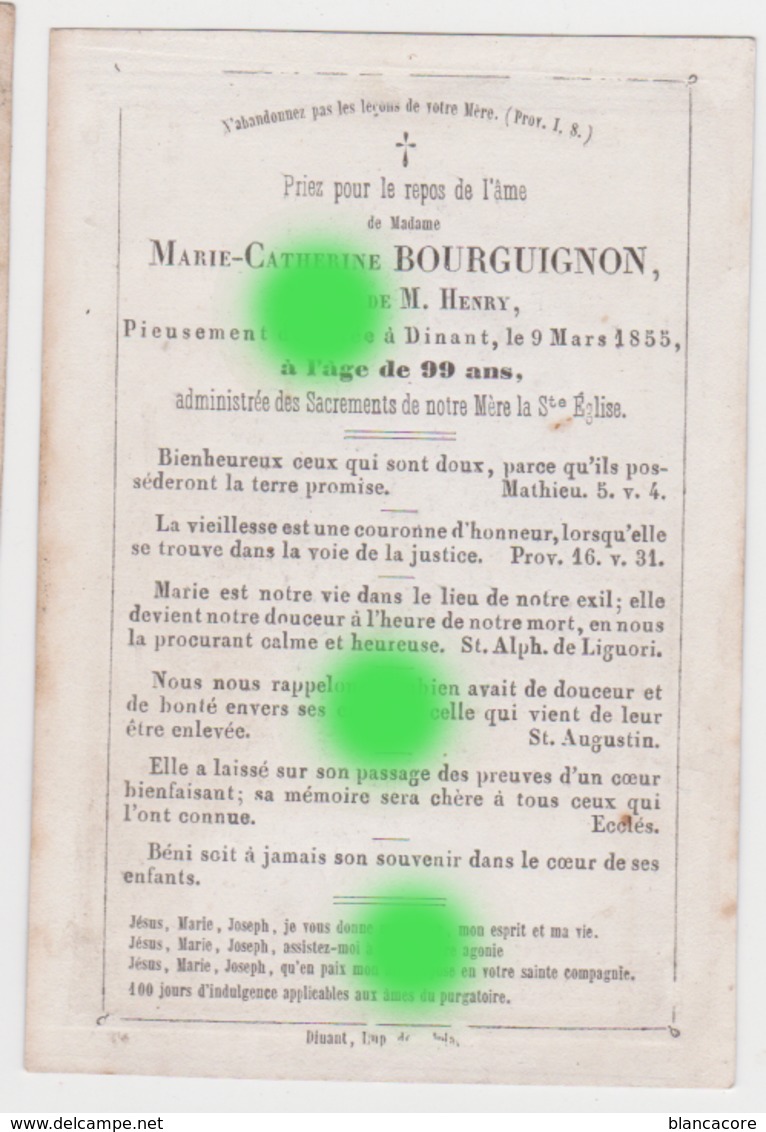 Dinant 1855 Mme BOURGUIGNON Veuve HENRY - Décès