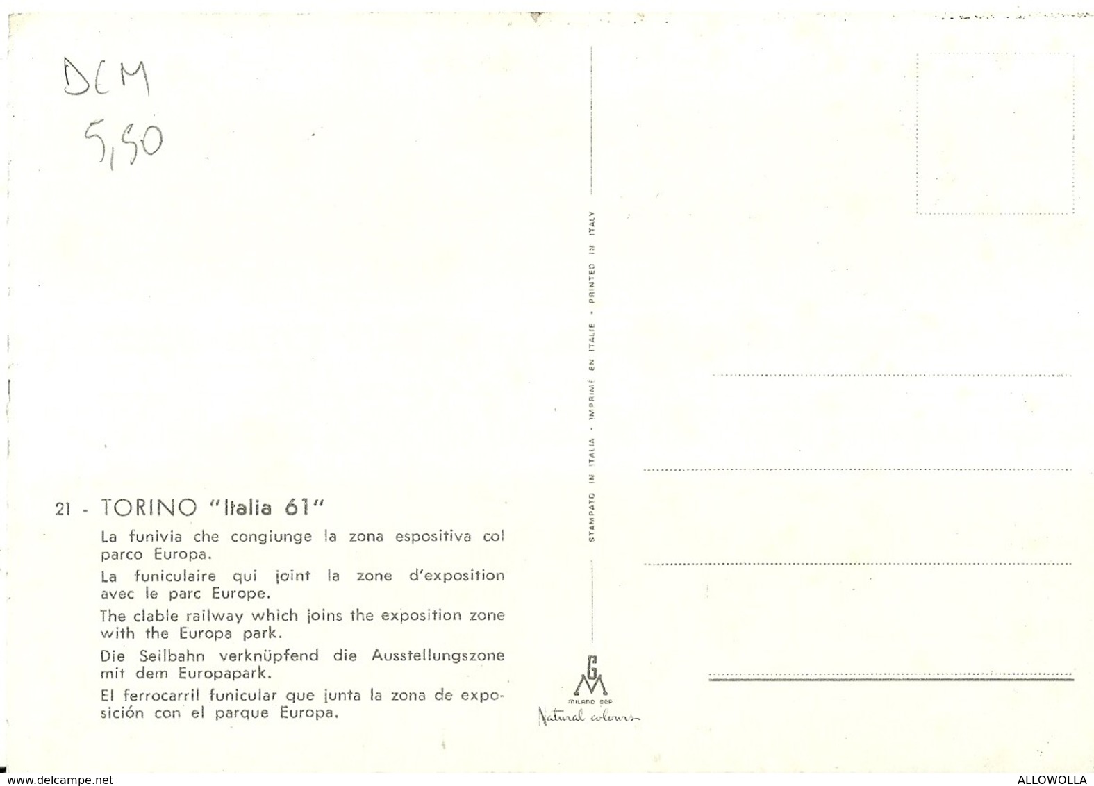 2654 "TORINO-ITALIA 61-LA FUNIVIA CHE CONGIUNGE LA ZONA ESPOSITIVA COL PARCO EUROPA " CART. POST. ORIG. NON SPED. - Expositions