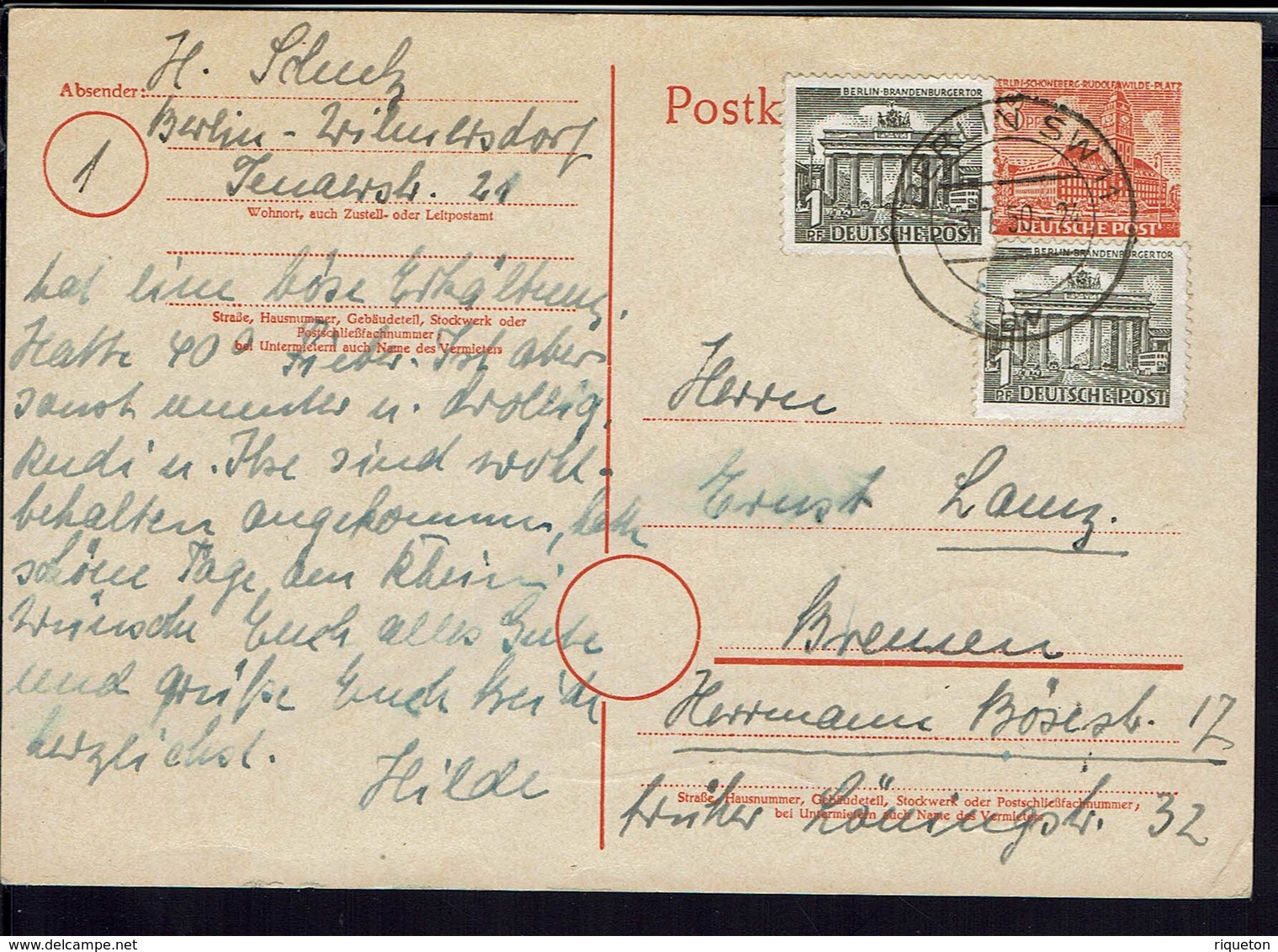 ALLEMAGNE - Berlin - Entier Postal 8 + 2 Pf Du 3-7-1950 De Berlin Vers Bremen - B/TB - - Postcards - Used