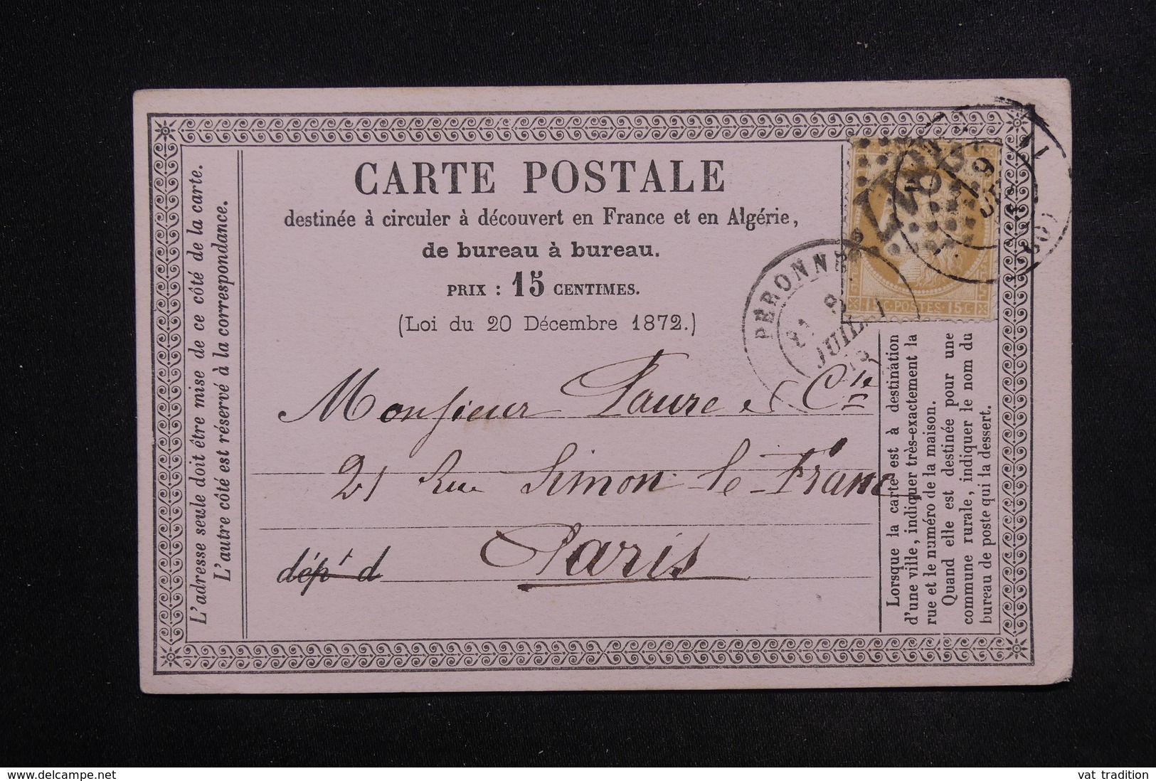 FRANCE - Carte Précurseur De Péronne Pour Paris En 1875 , Affranchissement Cérès , Oblitération GC 2817 - L 23082 - Cartes Précurseurs