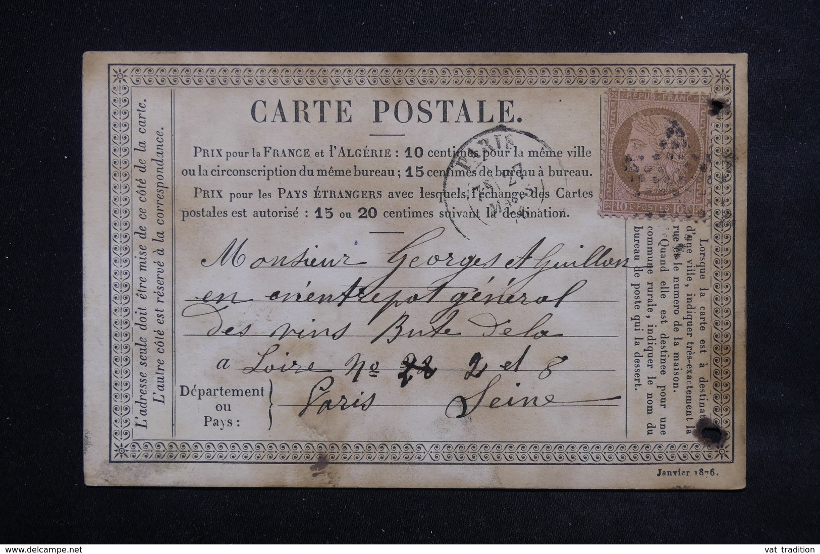 FRANCE - Carte Précurseur (commerce De Vins) De Paris Pour Paris, Affranchissement Cérès , Oblitération étoile - L 23084 - Cartes Précurseurs