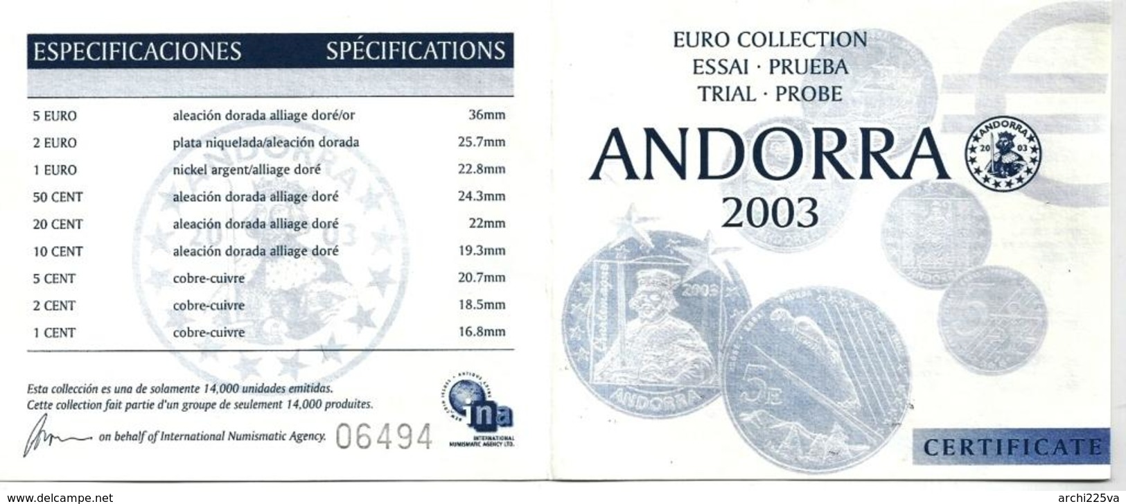ANDORRA 2003 - Prototipo DIVISIONALE FDC - N.° 9 Pezzi In Euro Con 5 € - Serie Numerata In Cofanetto - Privatentwürfe