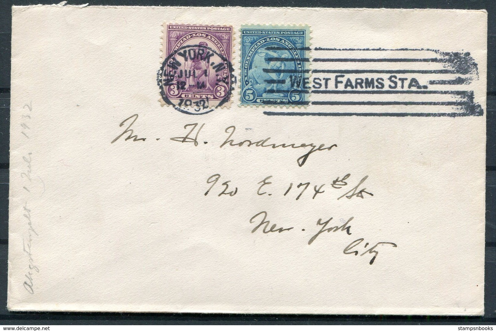 1932 USA St Moritz Hotel, New York Cover, West Farm Station, Los Angeles Olympics 3c + 5c - Covers & Documents