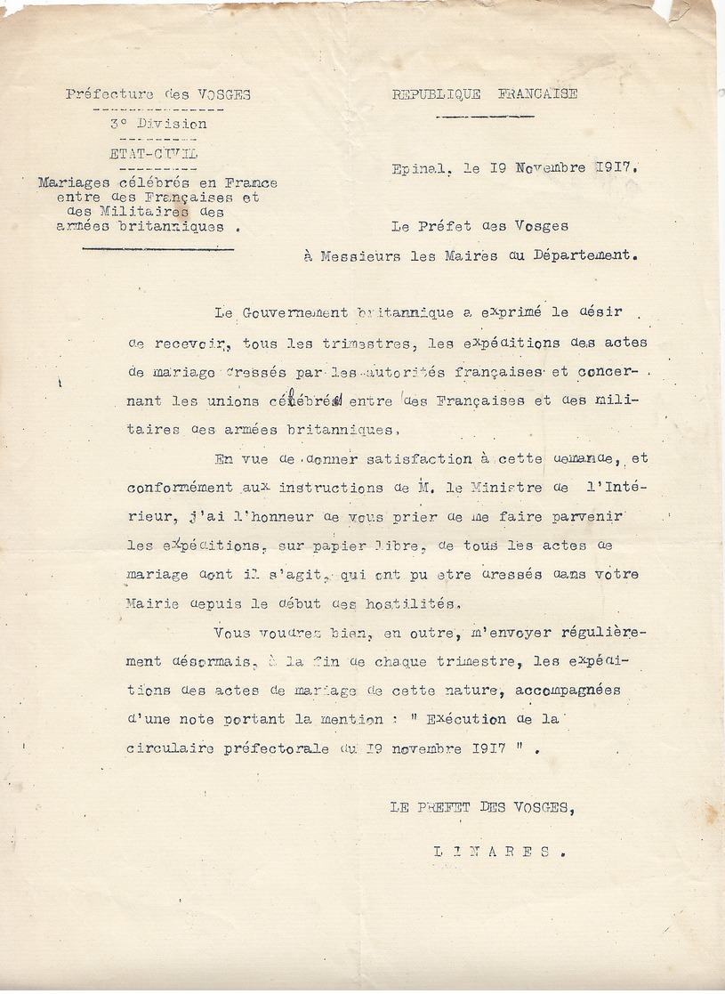 Préfet Des Vosges ,mariage Entre Françaises Et Militaires Anglais ,1917 - Documents