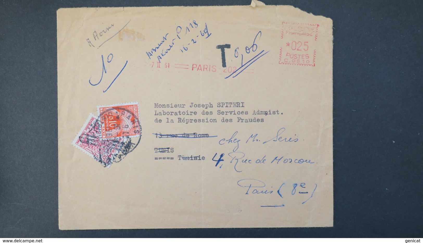 Lettre EMA Rouge Paris Pour Tunis Taxée 2 Fois En Tunisie Puis En France 1961 Voir Scans - 1859-1959 Lettres & Documents