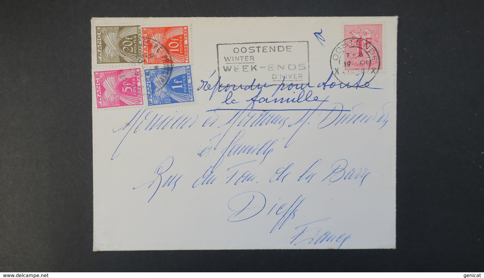 Taxe 36 Fr Type Gerbes Sur Lettre De Ostende Belgique 1958 Pour Dieppe - 1859-1959 Lettres & Documents