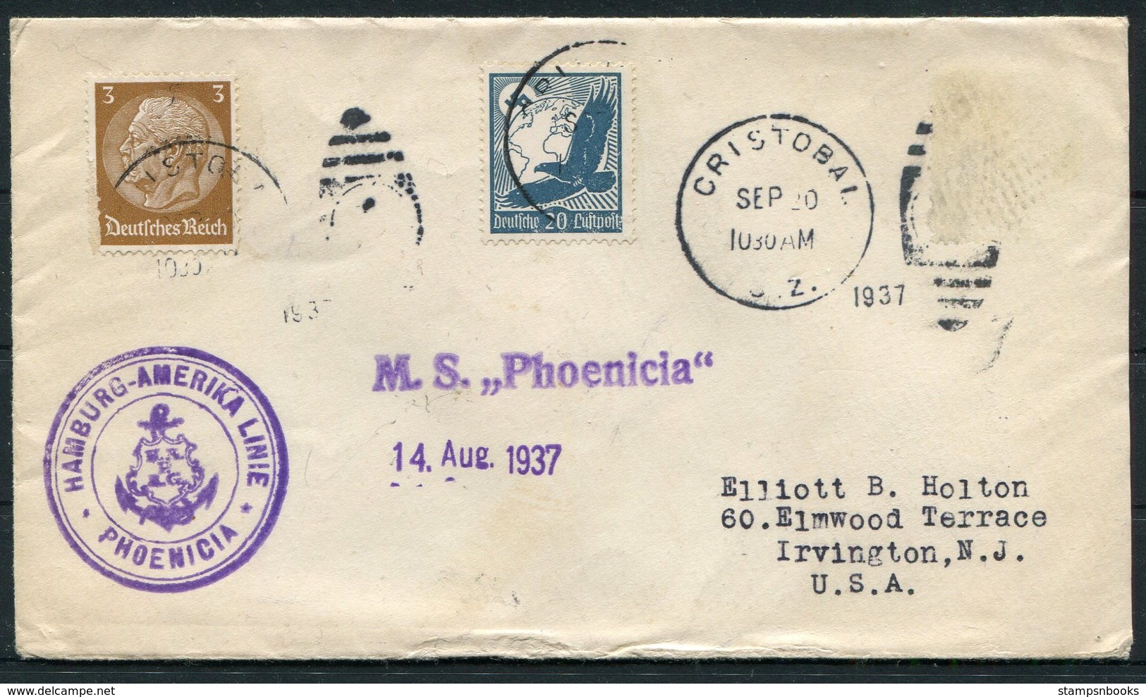 1937 Germany Seepost Hamburg-Amerika Linie Ship Cover MS PHOENICIA, Cristobal CZ - Covers & Documents