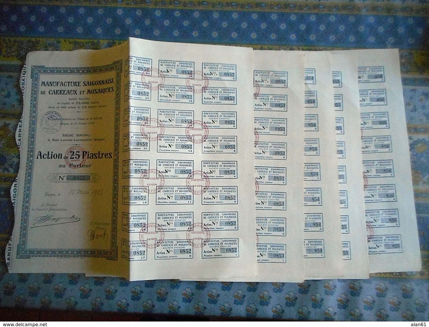 LOT DE 5 TITRES MANUFACTURE SAIGONNAISE DE CARREAUX ET MOSAIQUES ACTION DE 25 PIASTRES AU PORTEUR SAIGON 1928 - Asia