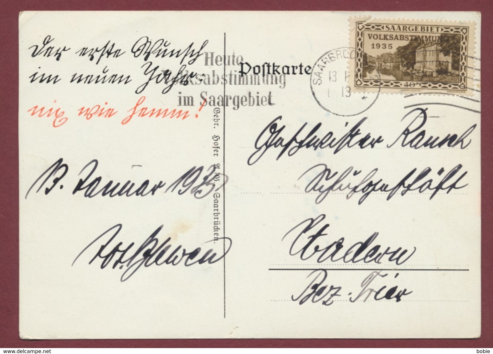 Postkarte - Saar Volksabstimmung Im Saargebiet 13 Januar.1935, , Sarre - Saarland / Plébiscite - Covers & Documents