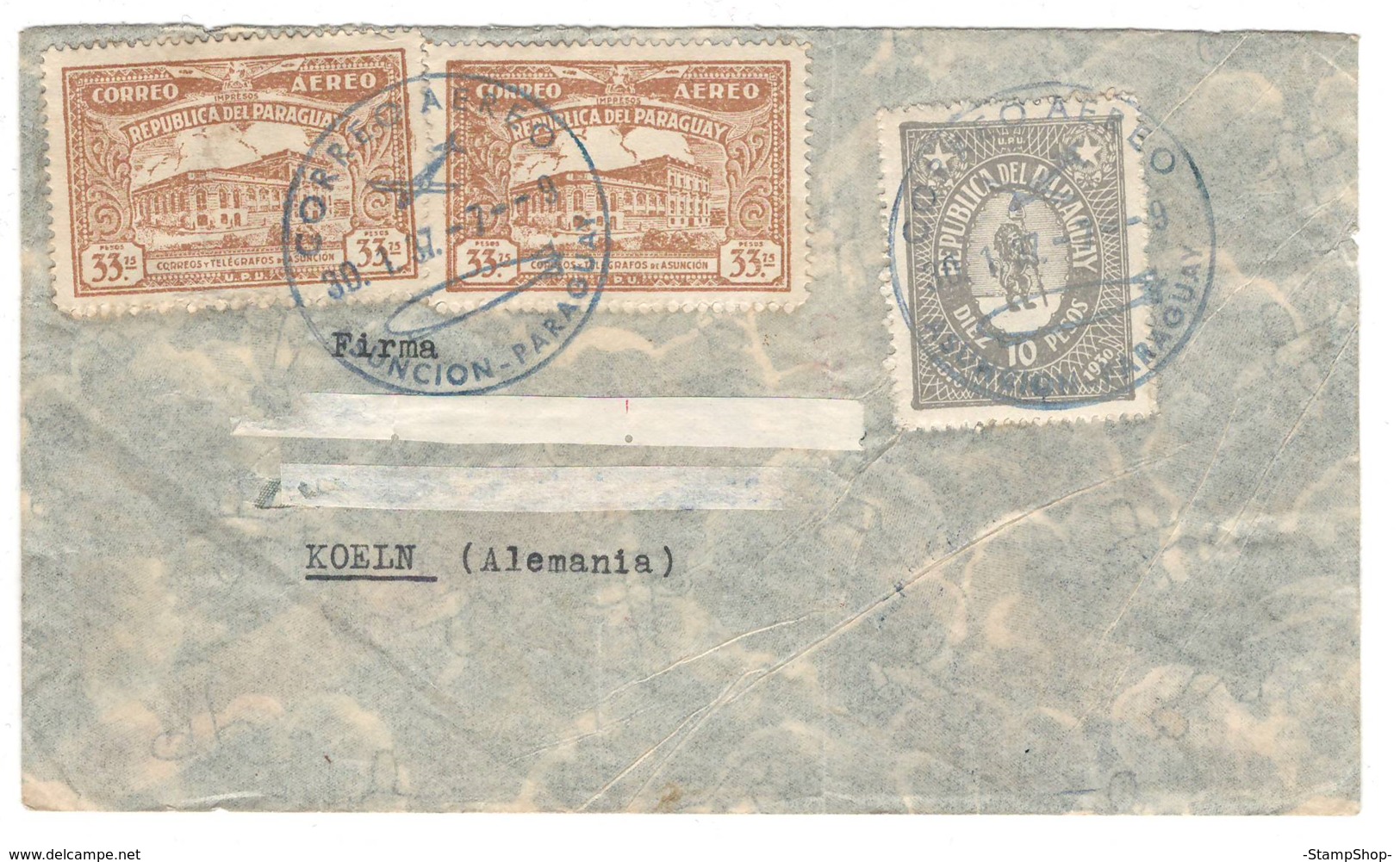 Paraguay, Asuncion To Germany, Koln, 1937 Circulated, Air Mail Postmark, High Value - BLPAR - BL-117 - Paraguay