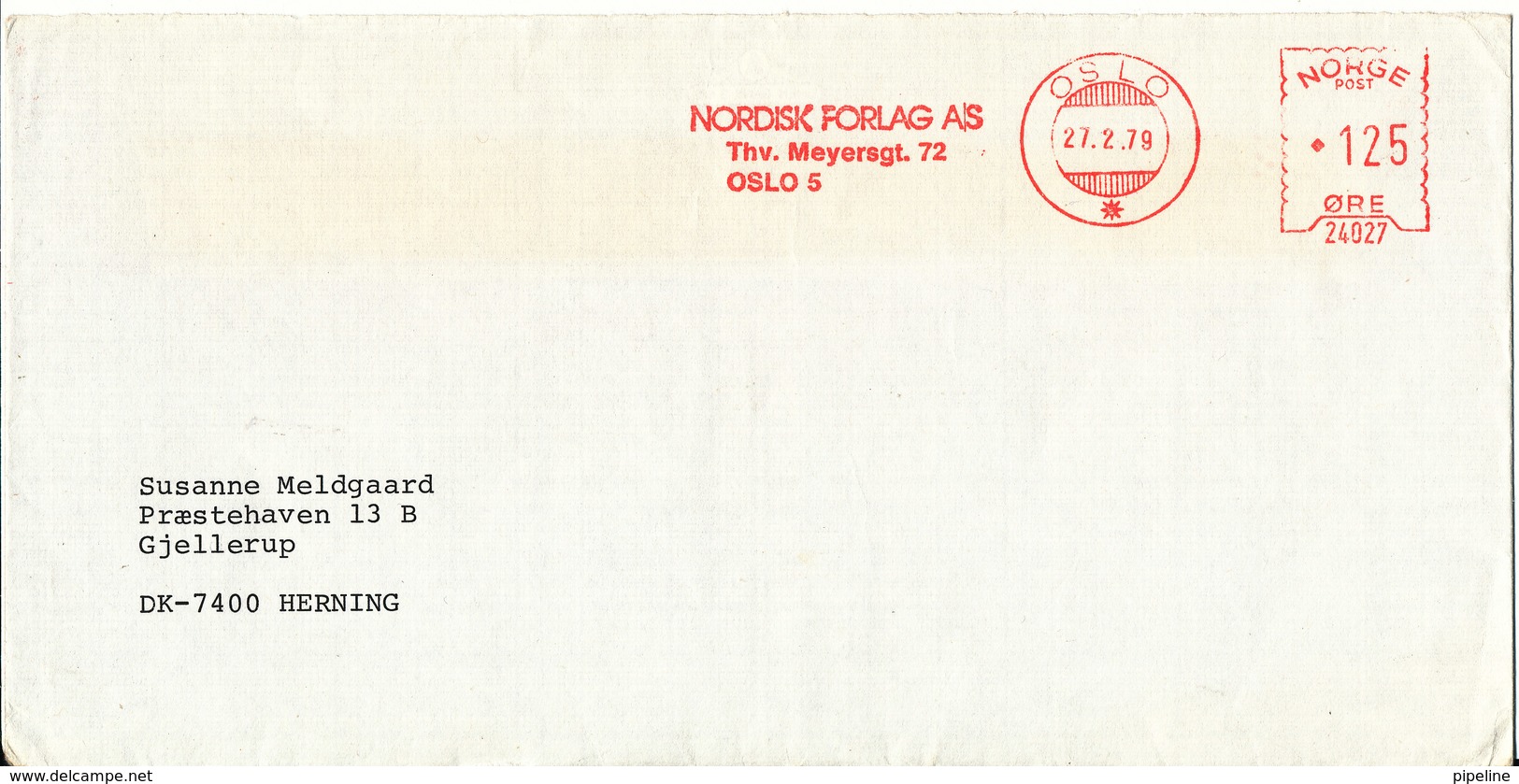 Norway Cover With Meter Cancel Oslo 27-2-1979 Sent To Denmark (the Flap On The Backside Of The Cover Is Missing) - Covers & Documents