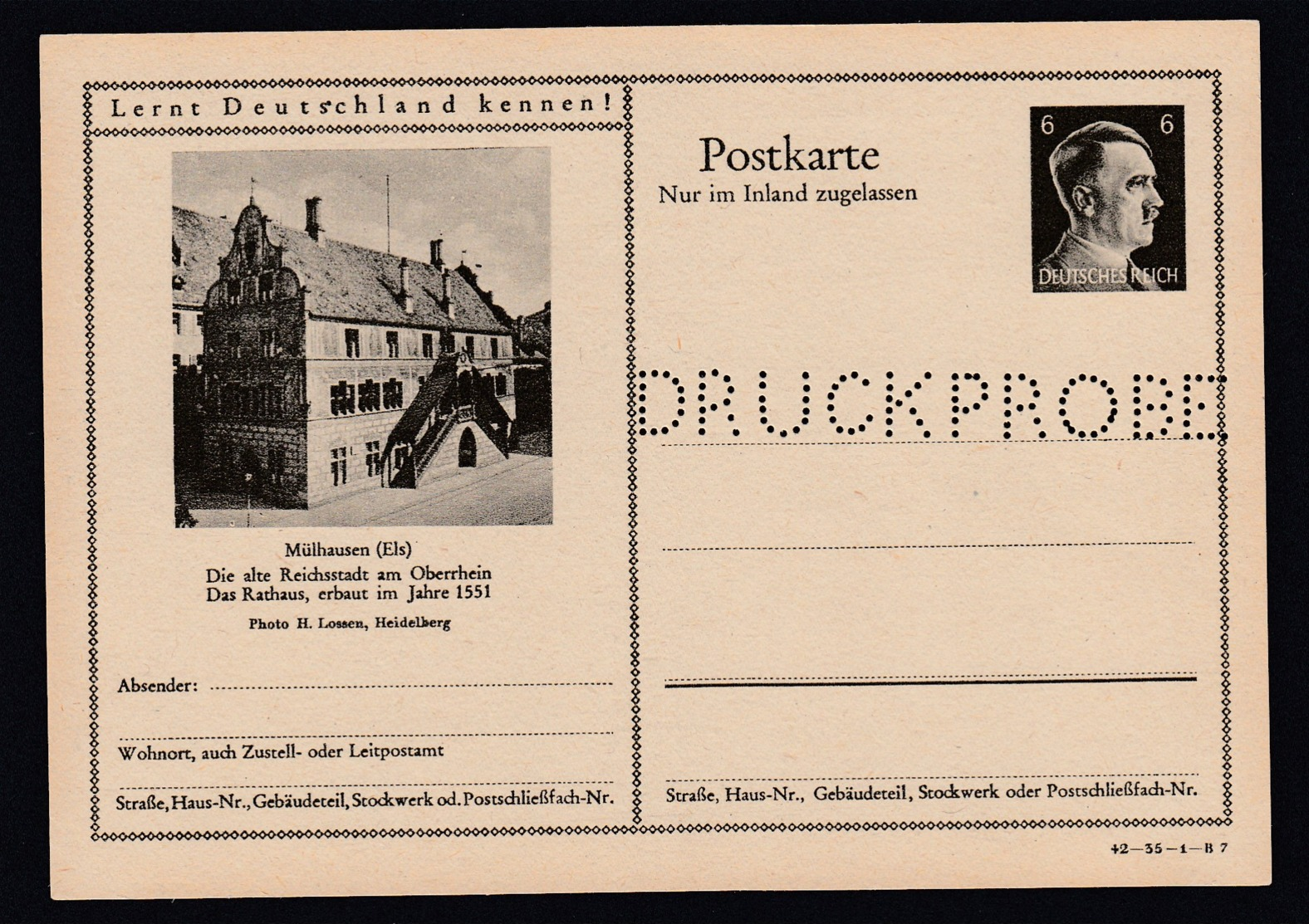 Deutsches Reich Postkarte Ganzsache P307 Mülhausen Druckprobe Lot 28 - Autres & Non Classés