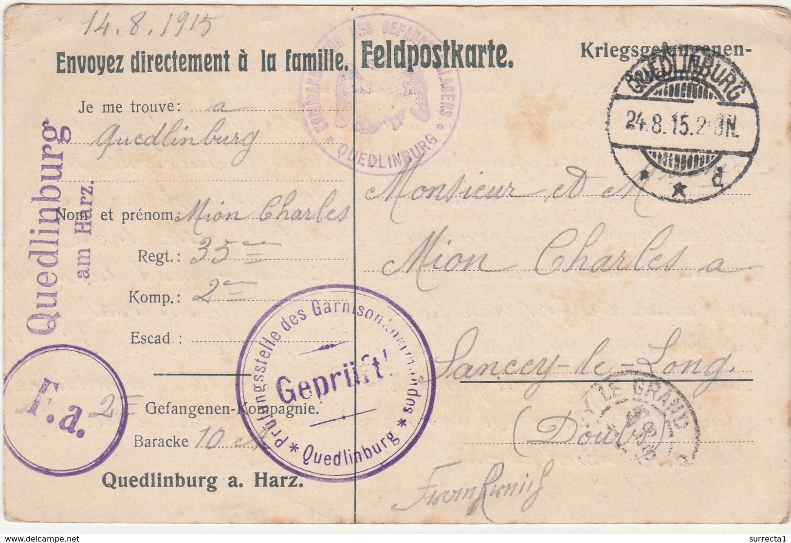 Carte Prisonnier 1915 / Camp Quedlinburg Am Harz / 2 Cachets Censure + Mention " Réponse Par Carte Seulement" - 1914-18