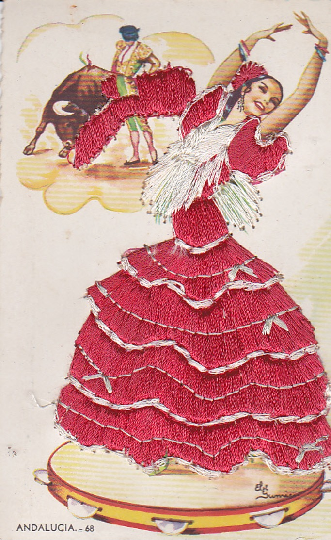 Carte Brodée ANDALUCIA  Flamenco Robe Rouge, Torero - Signée Eloi Gumier - Bon état - - Autres & Non Classés