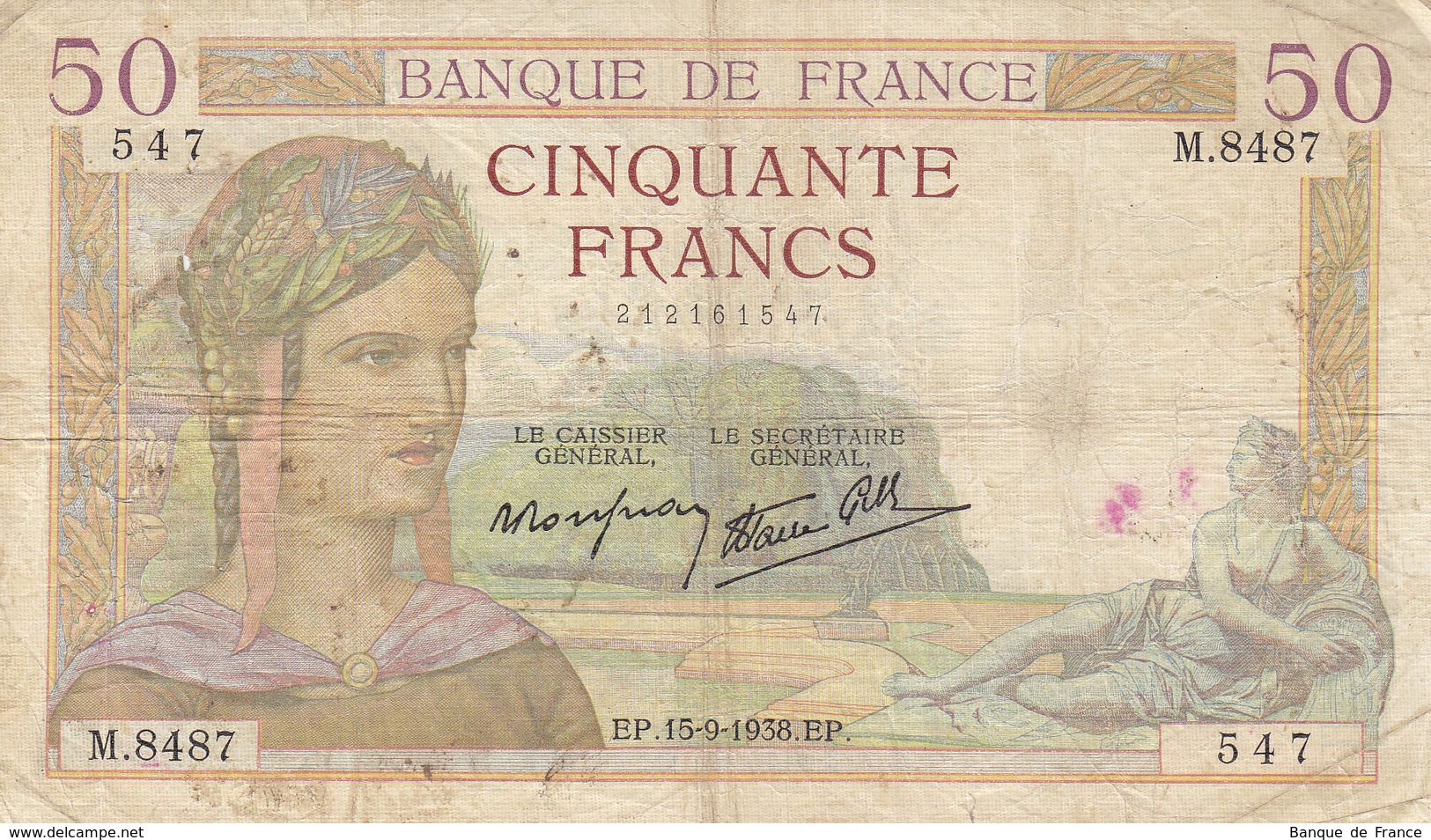 Billet 50 F Cérès Du 15-9-1938 FAY 18.14 Alph. M.8487 - 50 F 1934-1940 ''Cérès''