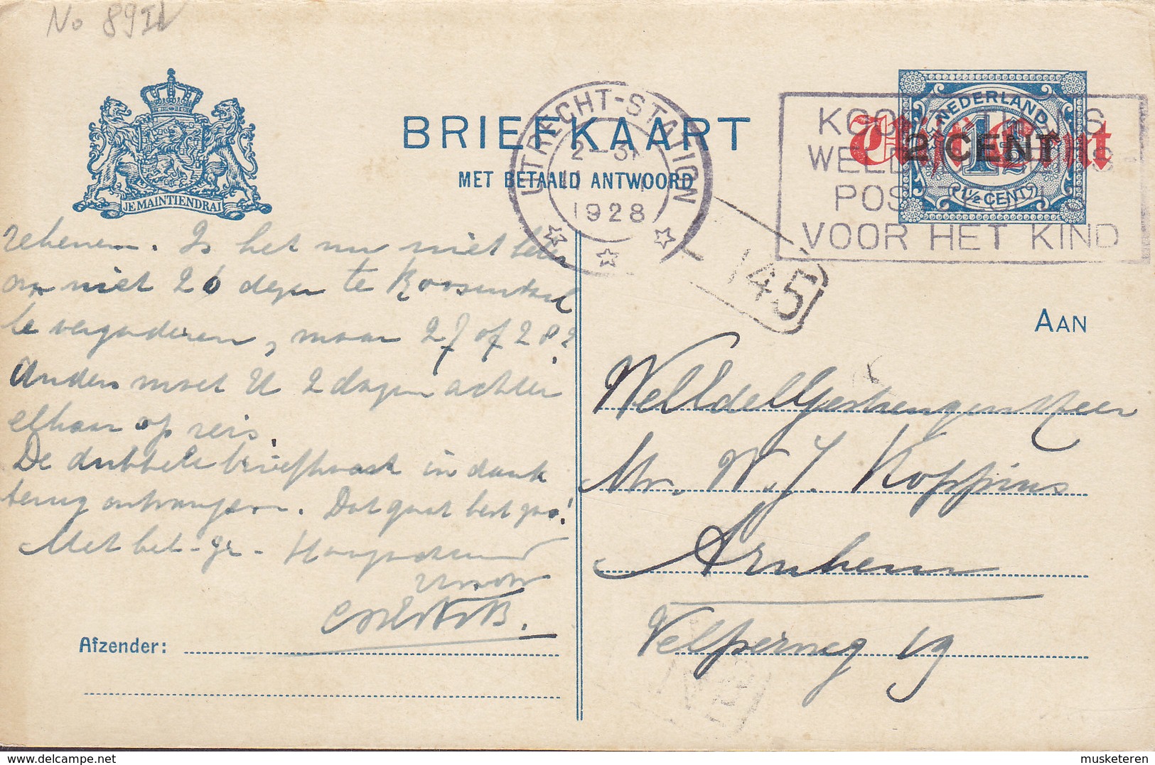 Netherlands Postal Stationery Ganzsache 5c. Auf 2c. Auf 1½c. M. Antwort Response Slogan Flamme UTRECHT STATION 1928 - Postal Stationery