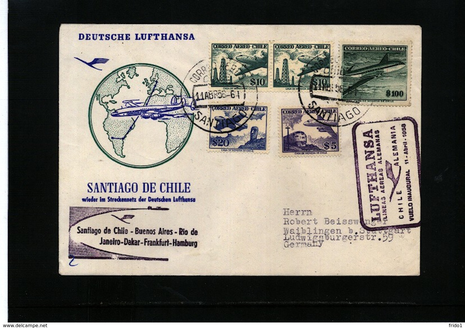 Chile 1958 Lufthansa Inaugural Flight Santiago De Chile - Frankfurt - Chile