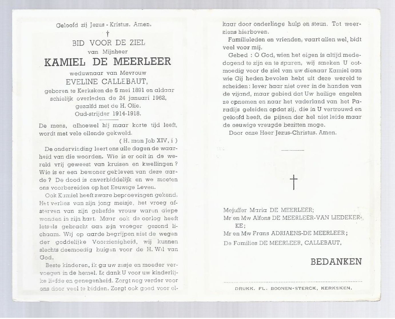 DOODSPRENTJE DE MEERLEER CALLEBAUT ° KERKSKEN 1891 + 1962 OUDSTRIJDER 1914-1918 - Devotion Images