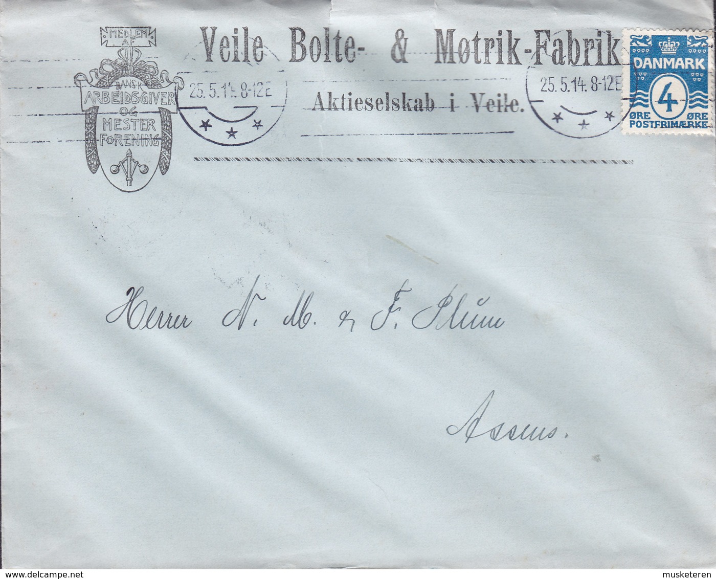 Denmark VEILE BOLTE- & MØTRIK-FABRIK, TMS Cds. VEJLE 1914 Cover Brief ASSENS (Arr. Cds.) - Briefe U. Dokumente