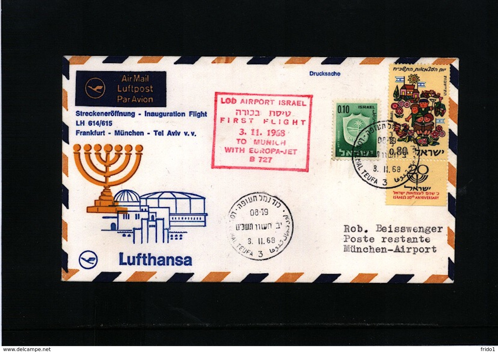 Israel 1968 Lufthansa Inaugural Flight LOD Tel Aviv - Muenchen - Briefe U. Dokumente