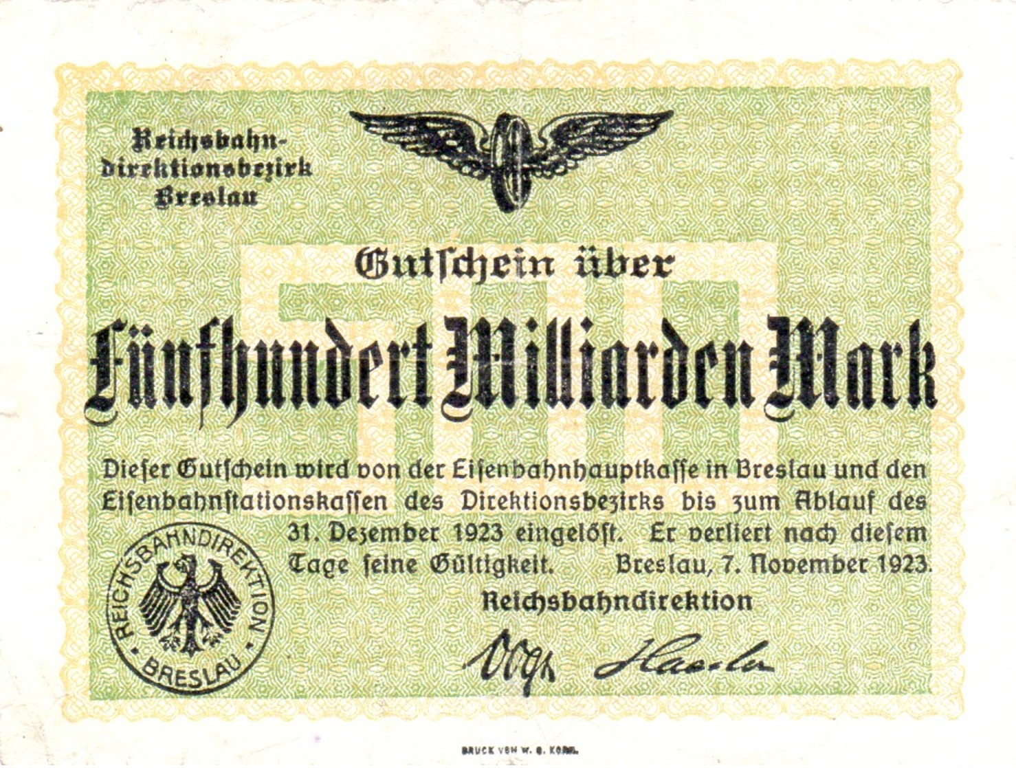 Notgeld Reichsbahndirektionsbezirk Breslau 500 Milliarden Mark  1923 - 500 Milliarden Mark