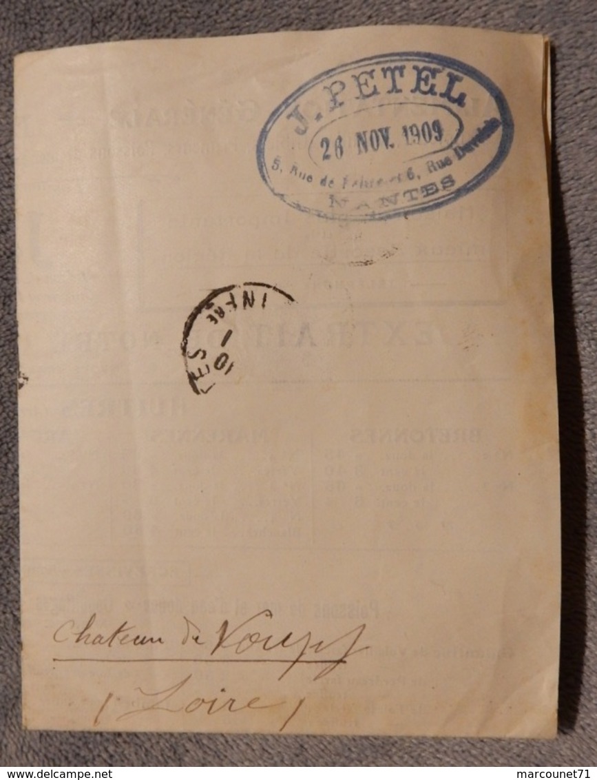 Rare Document Commercial Courrier 1909 Alimentation Vins Spiritueux Huîtres Nantes J Pétel - 1900 – 1949