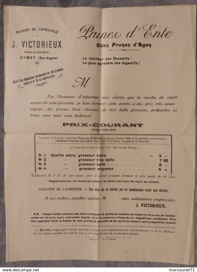 Rare Document Commercial Courrier 1908 Prunes D'ente Dites Pruneaux D'Agen J Victorieux Eymet Dordogne - 1900 – 1949