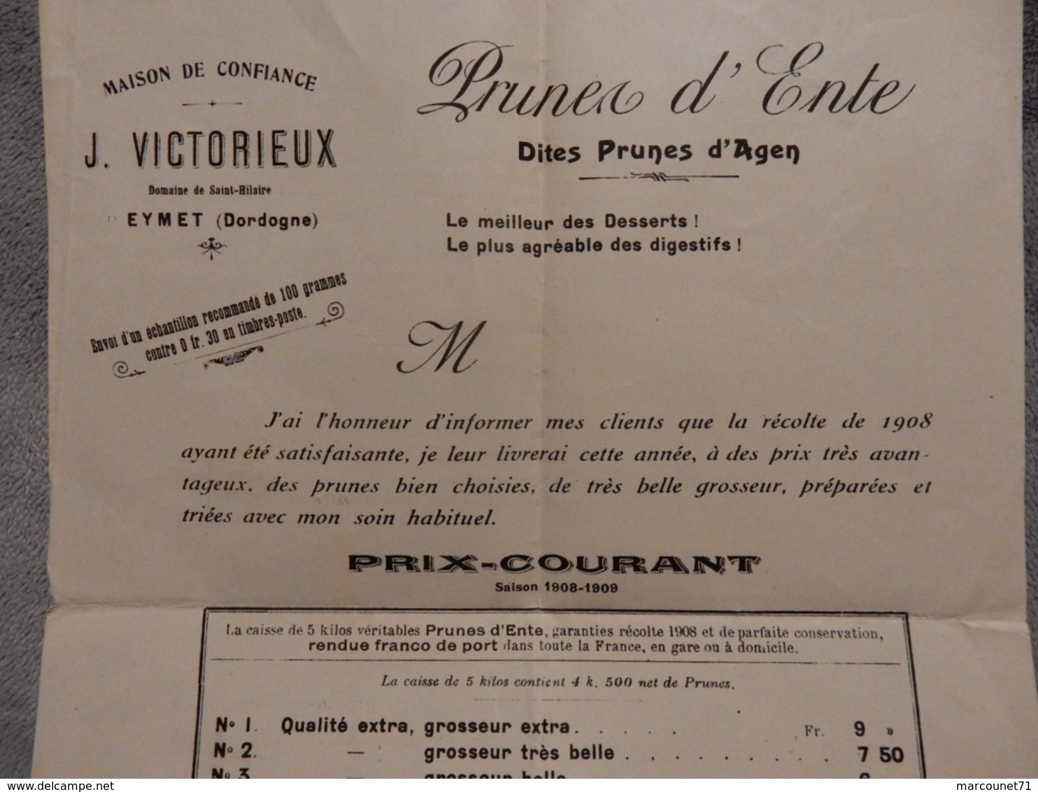 Rare Document Commercial Courrier 1908 Prunes D'ente Dites Pruneaux D'Agen J Victorieux Eymet Dordogne - 1900 – 1949