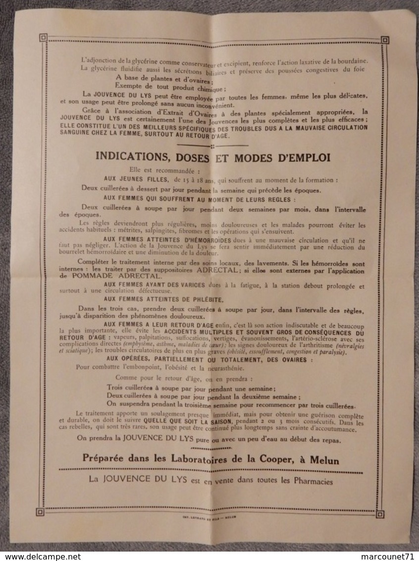 Rare Document Commercial Début 20 Eme Jouvence De Lys Médicament Pharmacie Melun - 1900 – 1949