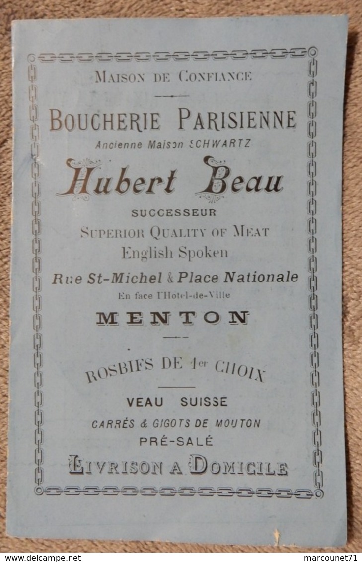 Rare Document Commercial Début 20 Eme Boucherie Parisienne Hubert Beau Menton Tarif - 1900 – 1949